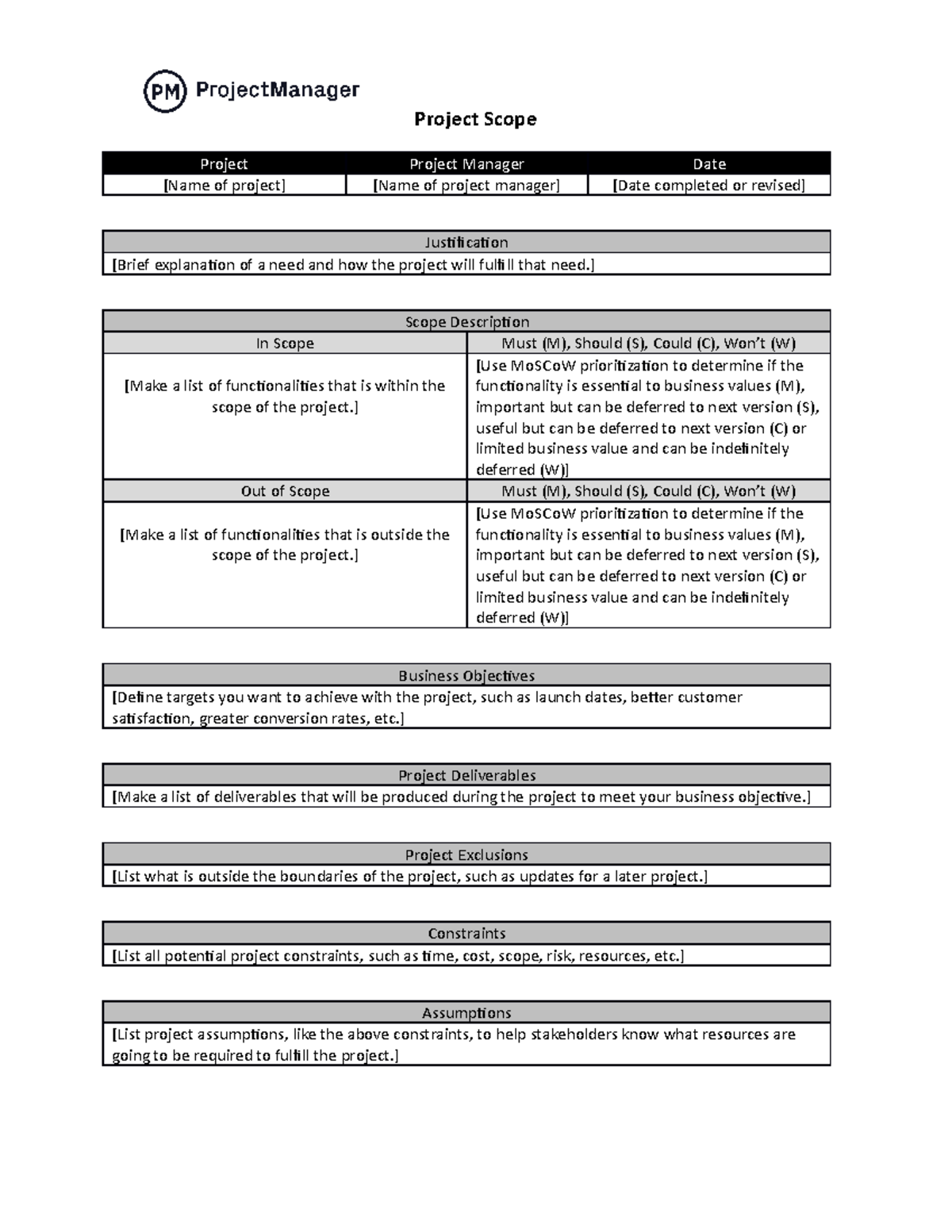 Free Project Scope Template Project Manager ND - Project Scope Project ...