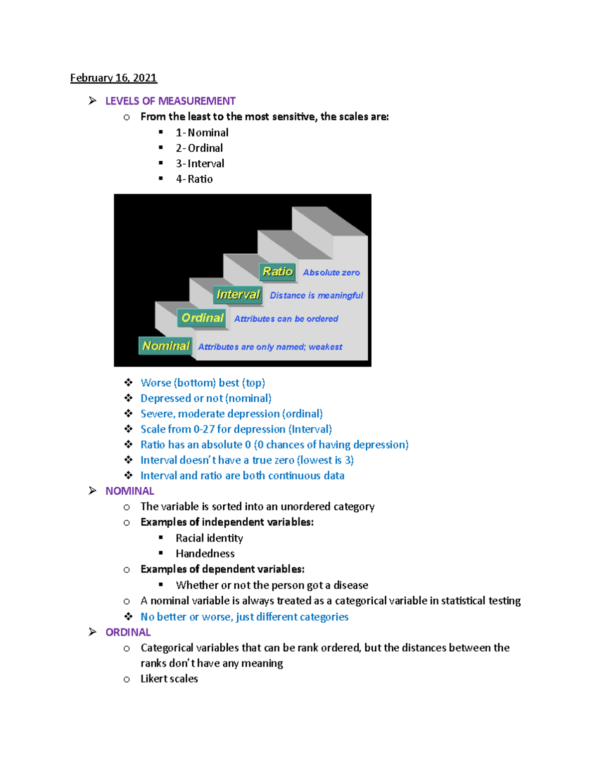 Measurements Lecture notes - February 16, 2021 LEVELS OF MEASUREMENT o ...