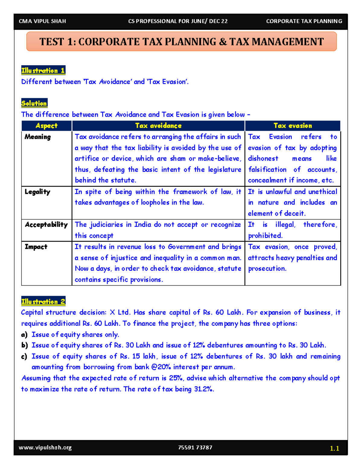 TEST 1 Corporate TAX Planning - Illustration 1 Different between ‘Tax ...