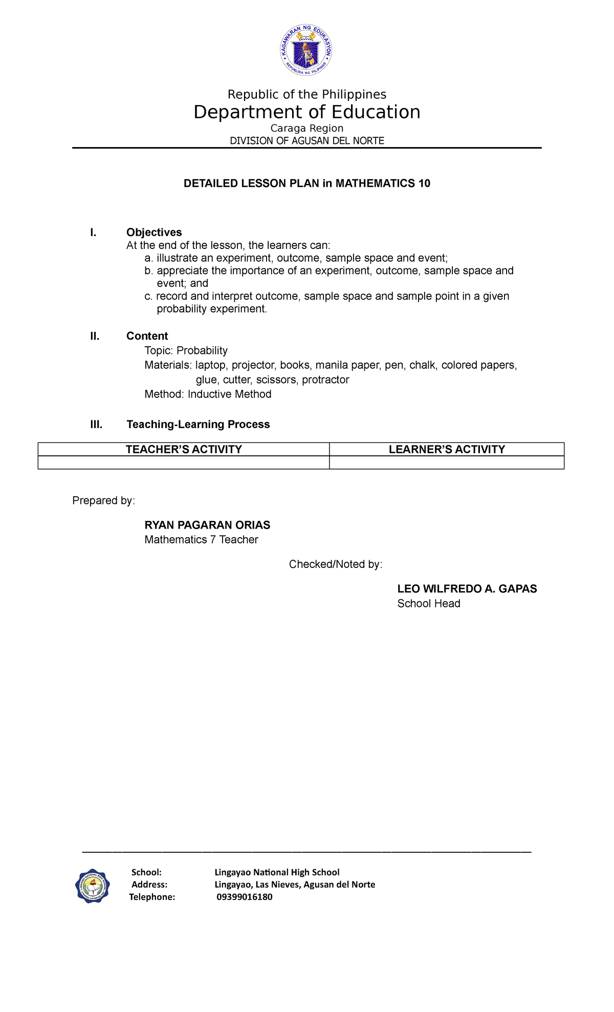 Detailed Lesson PLAN in Mathematics 10 - Republic of the Philippines ...