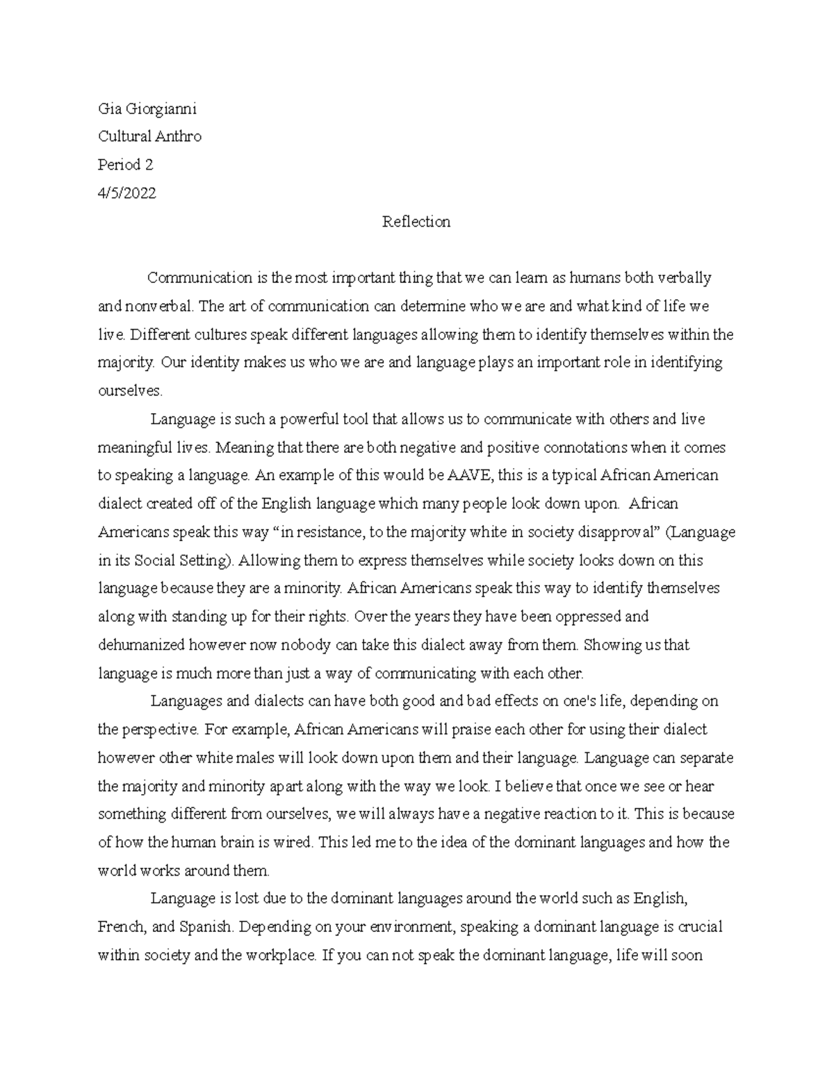 Cultrual Anthro - reflection - Gia Giorgianni Cultural Anthro Period 2 ...