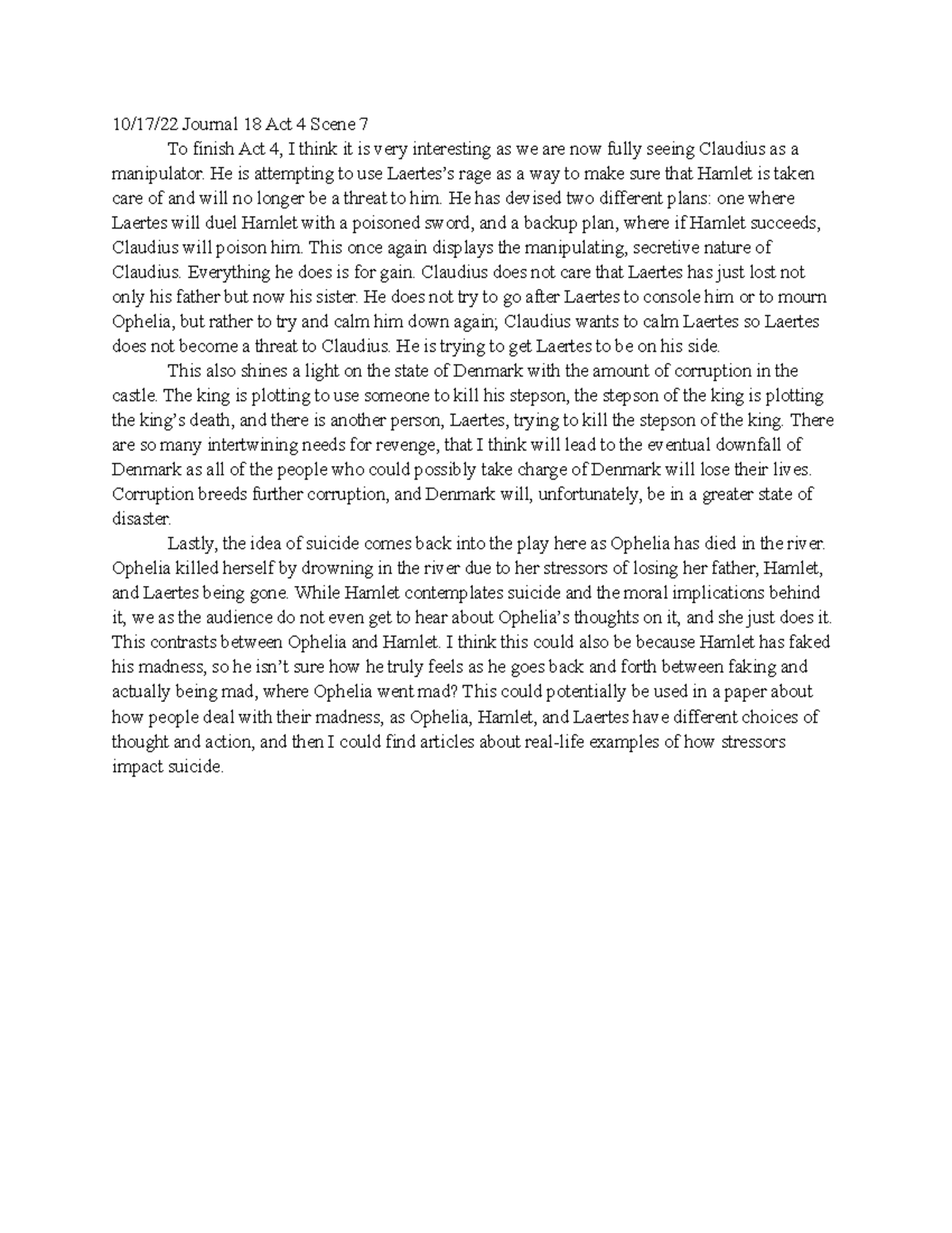 Journal Entry Shakespeare Hamlet Act 4 Scene 7 10/17/22 Journal 18