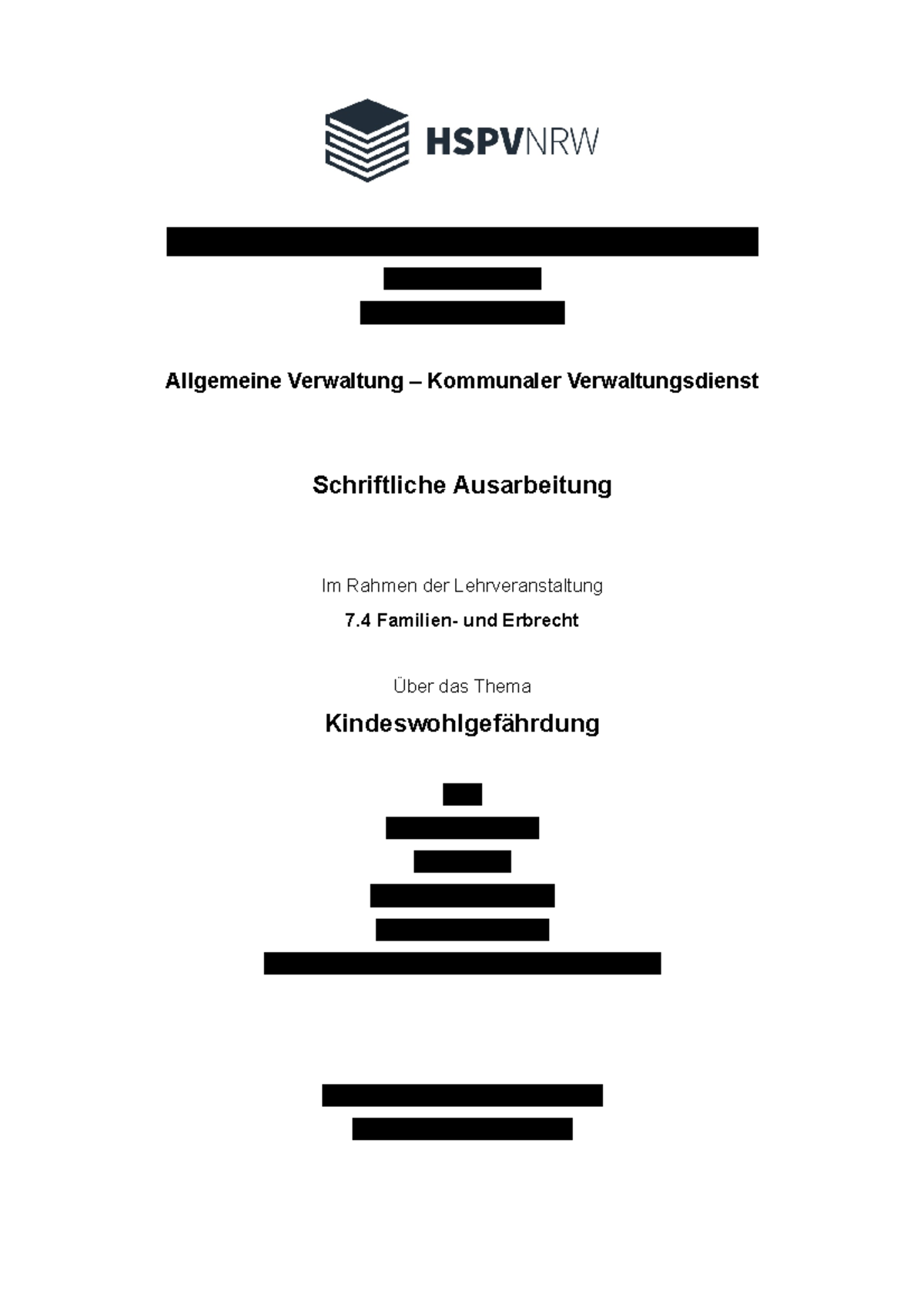 Schriftliche Ausarbeitung 5. Pk Musterbeispiel Schriftliche Ausarbeitung - Kindeswohlgefährdung - Hochschule für