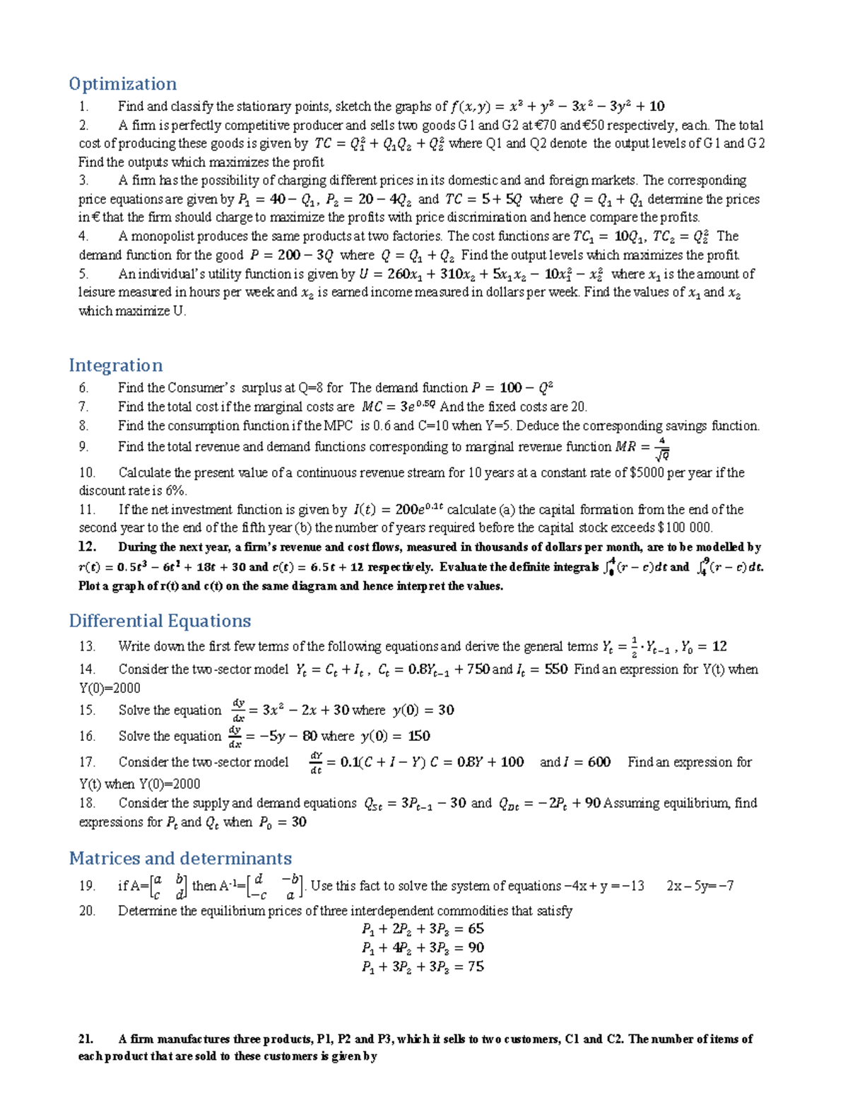 WS4 Optimization Integrals Diff Equations Matrices - Management - UT ...