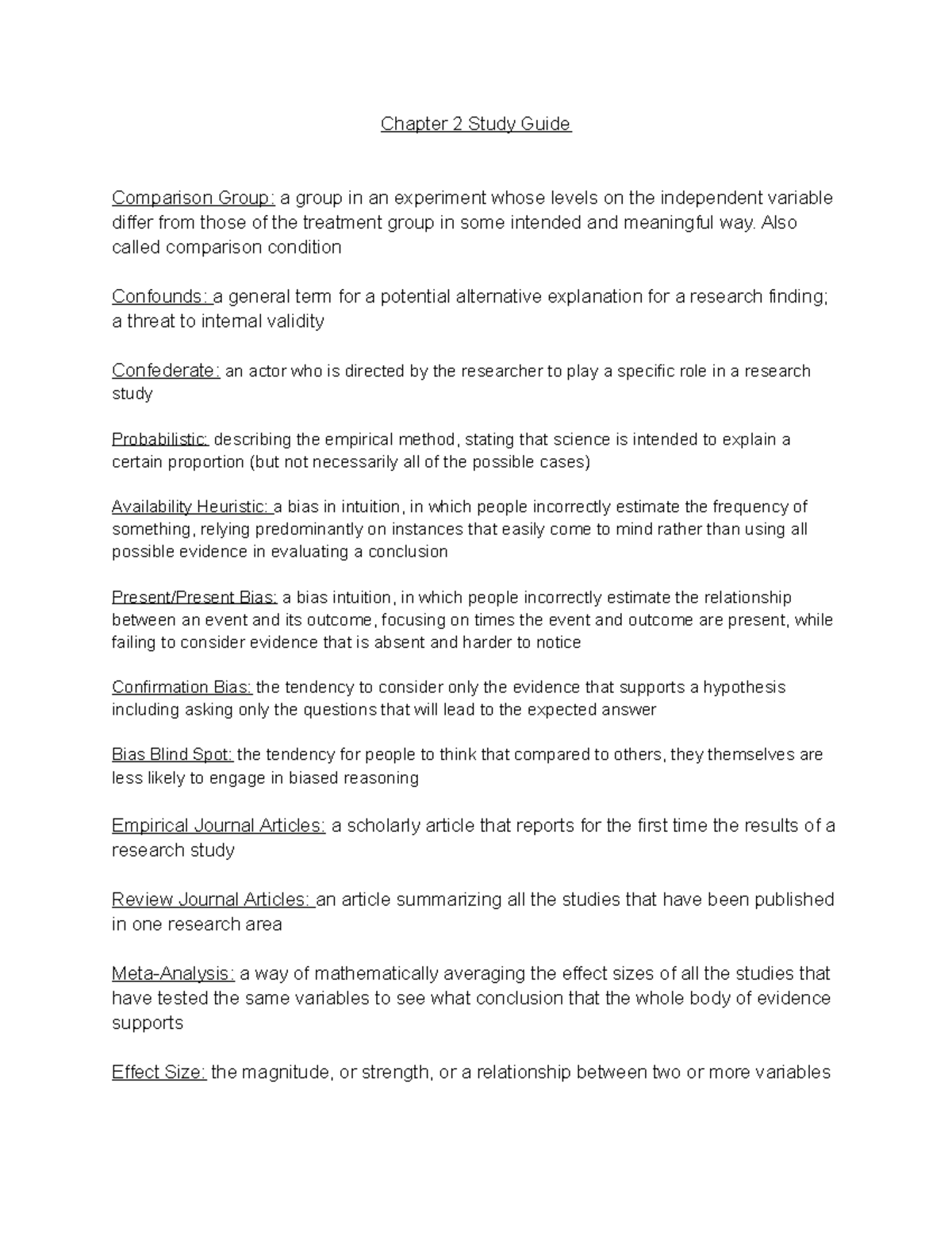 Chapter 2 Study Guide Ohio State, Research Methods in Psychology (Psych 2300), Prof. David