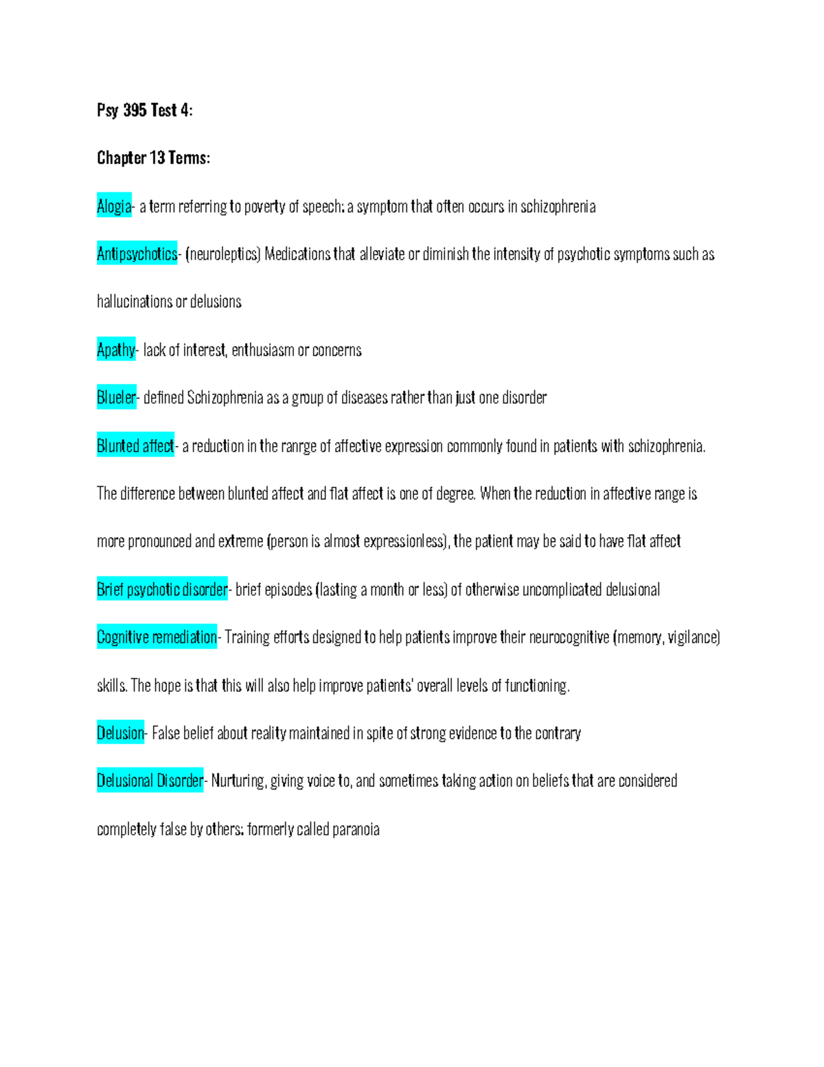 PSY 395 Test 4 Study Guide - Psy 395 Test 4: Chapter 13 Terms: Alogia ...