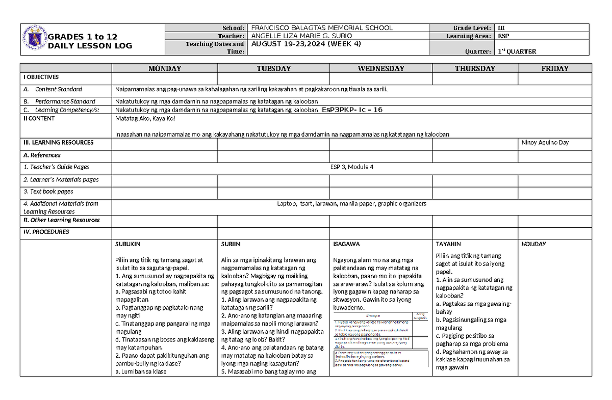 DLL ESP 3 Q1 W4 - dll - GRADES 1 to 12 DAILY LESSON LOG School ...