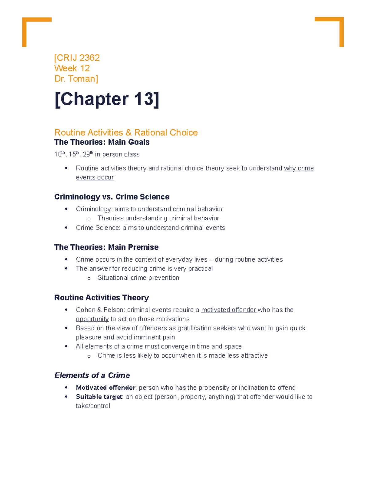 Chapter 13 Routine Activities Rational Choice CJ 262 StuDocu