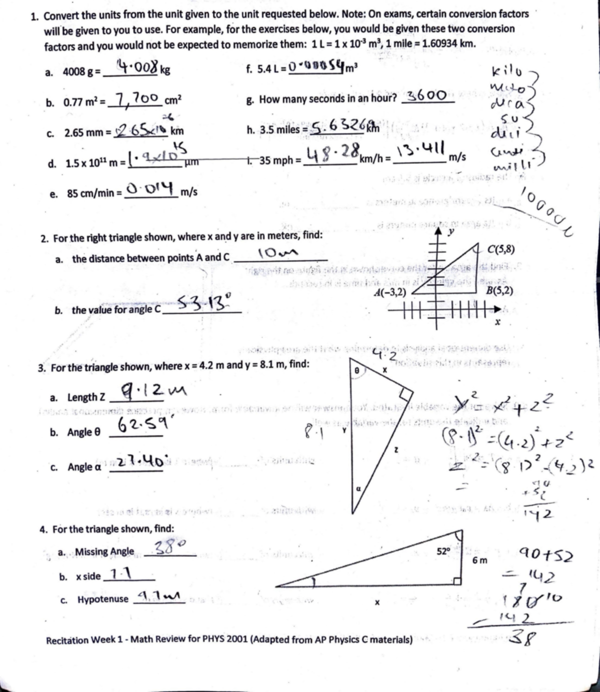 Physics recitation worksheet w1 - Convert the units from the unit given ...