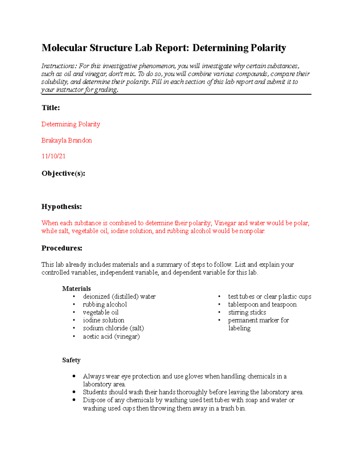 3.05 Molecular Structuer - Molecular Structure Lab Report: Determining ...