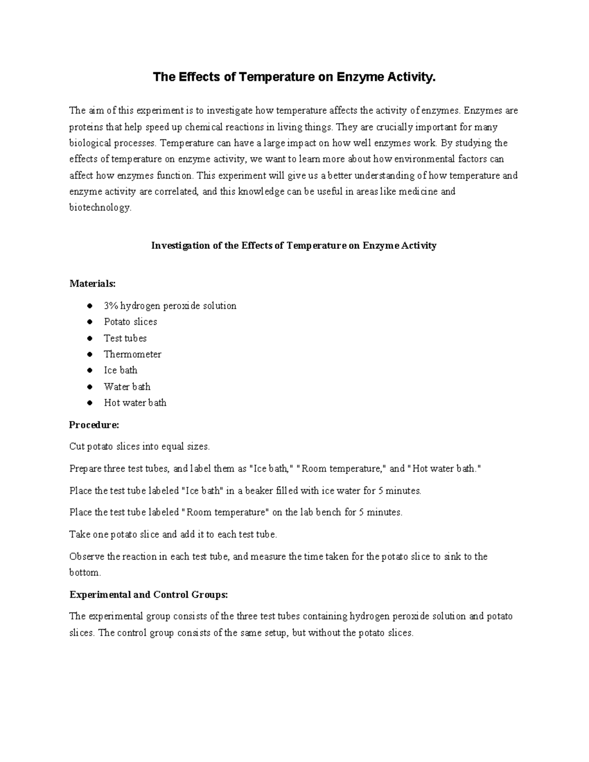 Lab Report Daniel G adsdasd The Effects of Temperature on Enzyme