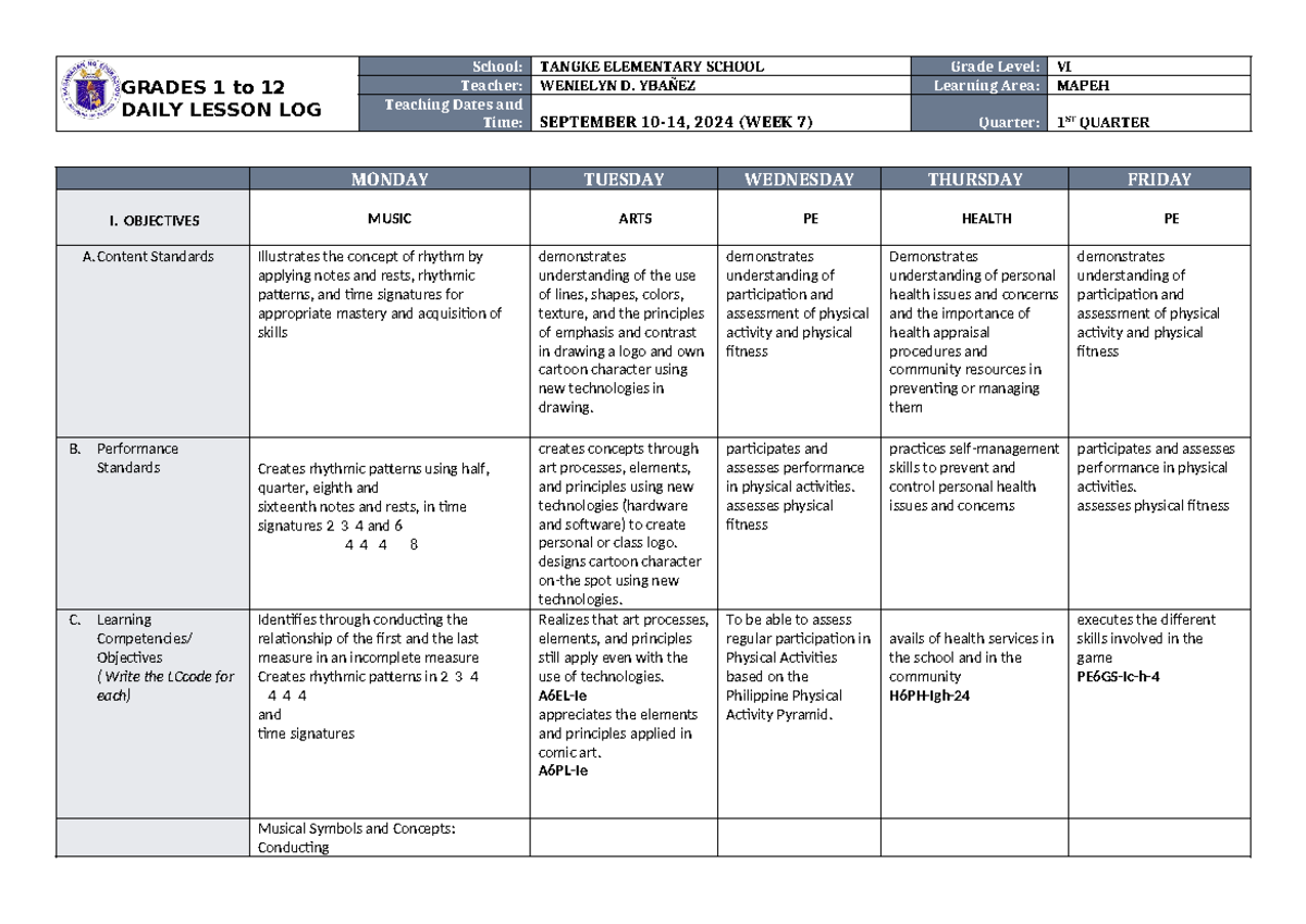 DLL Mapeh 6 Q1 W7 - GRADES 1 to 12 DAILY LESSON LOG School: TANGKE ...