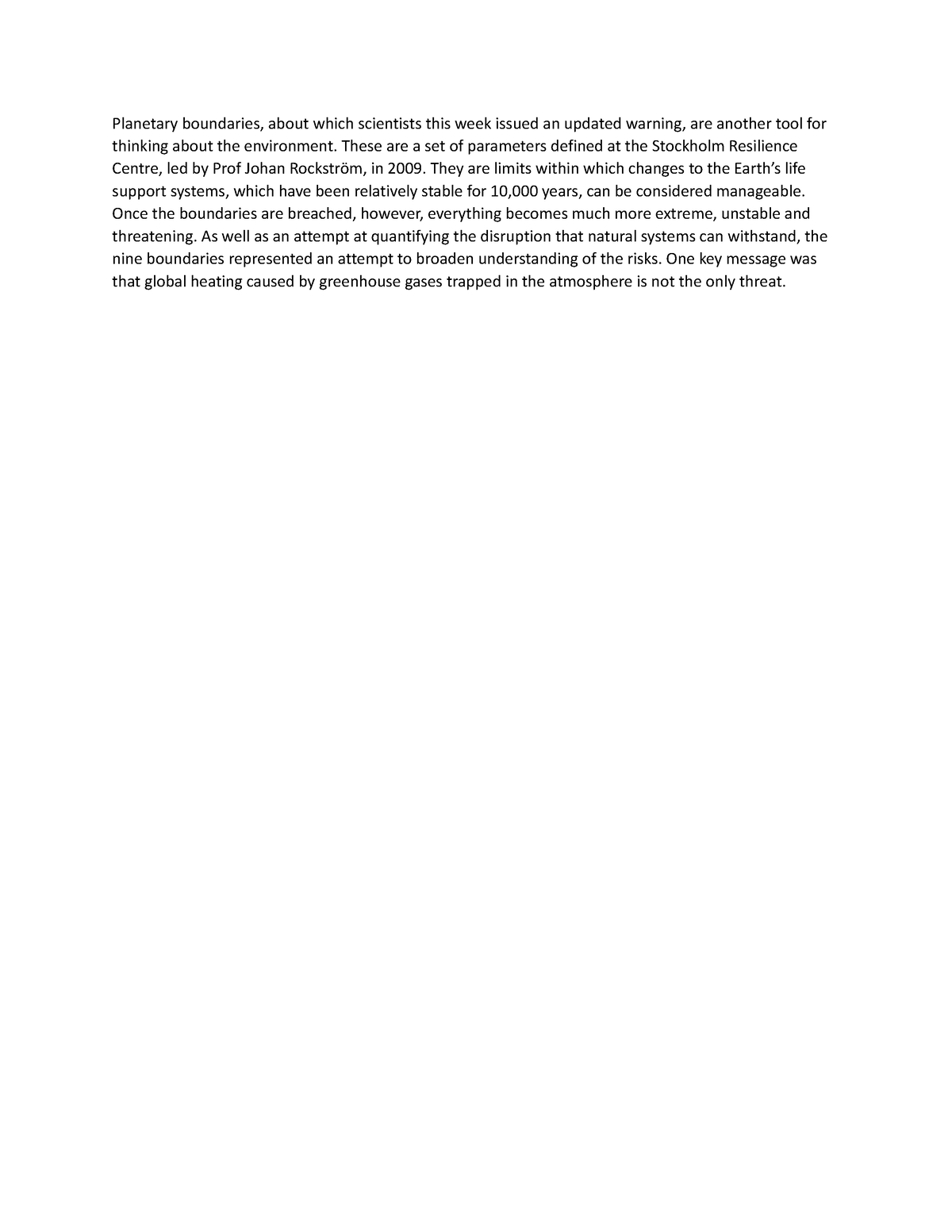 Planetary boundaries - These are a set of parameters defined at the ...