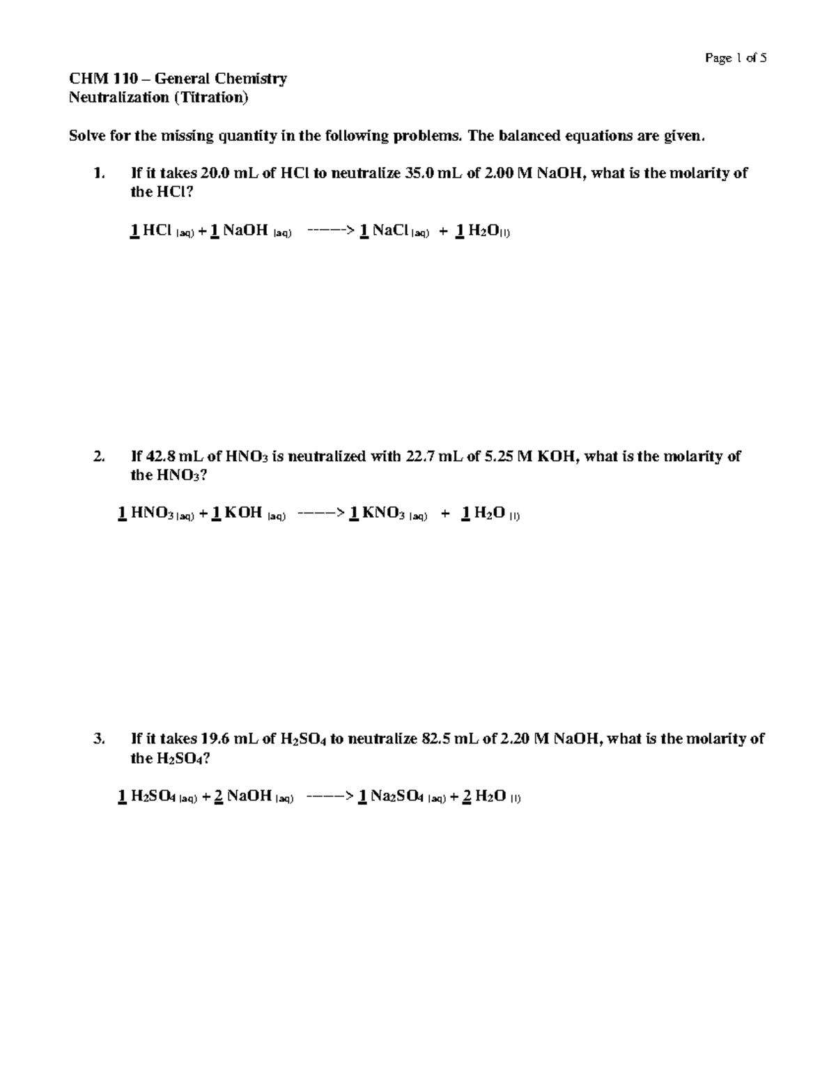 CHM 110 Chapter 10 Acids and Bases-Titration Problems with answers ...