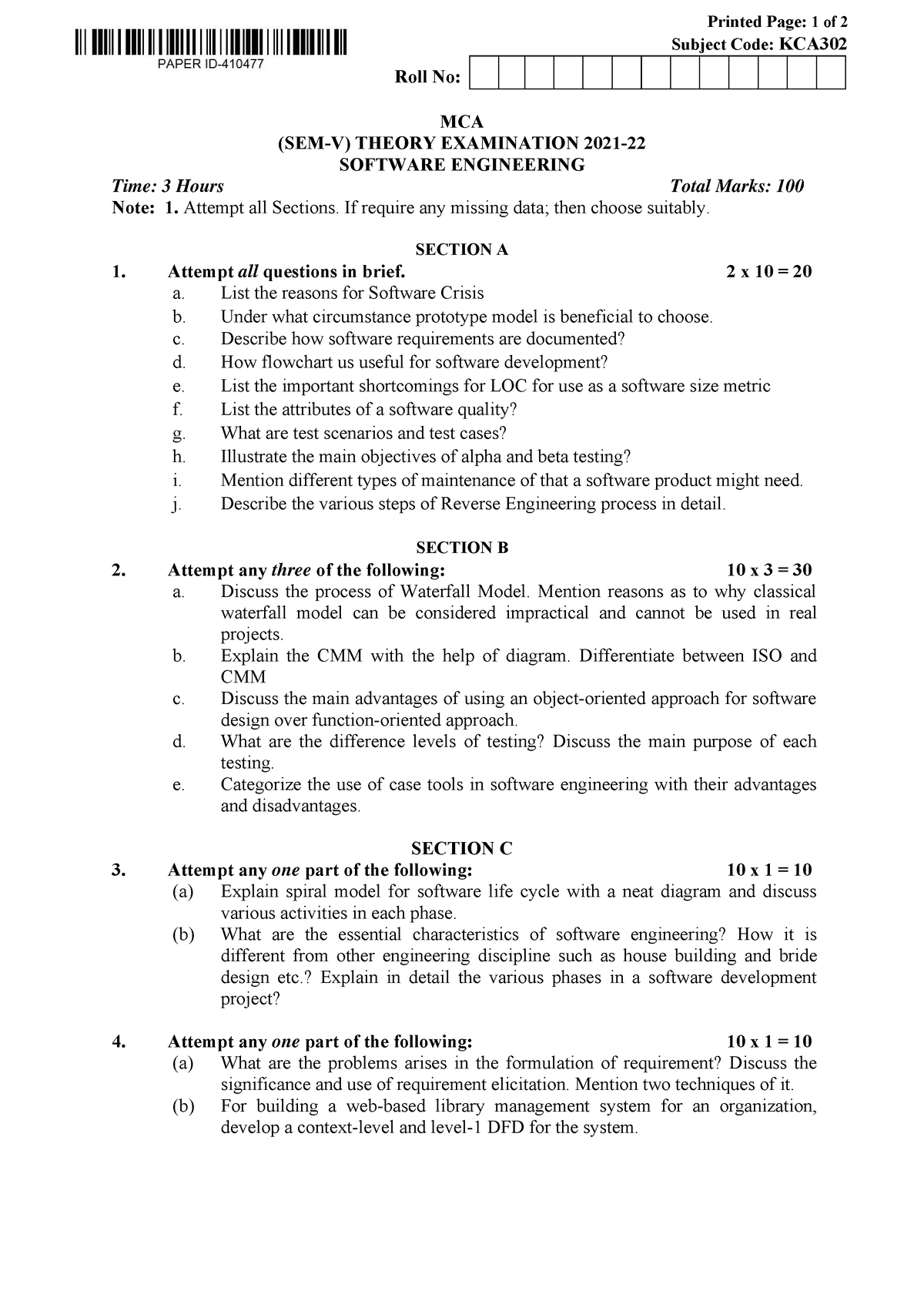 Mca 5 sem software engineering kca302 2022 - Printed Page: 1 of 2 ...