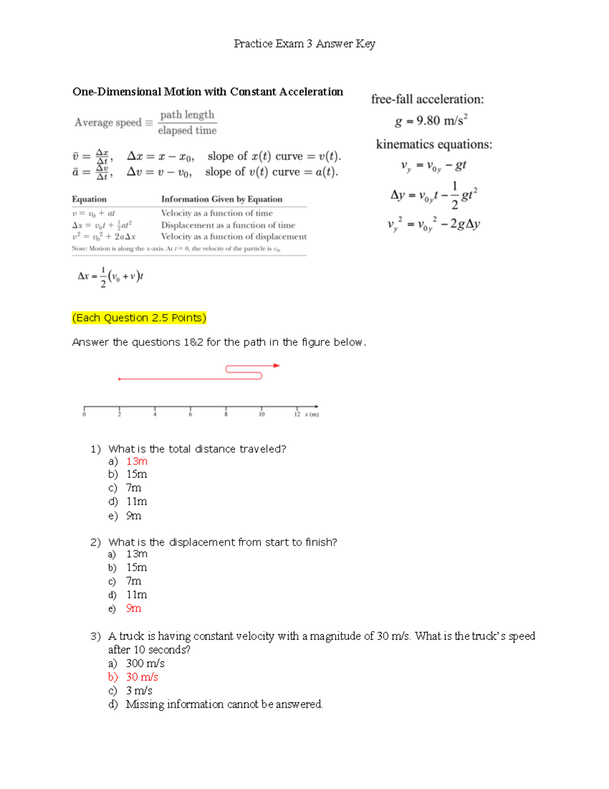 Practice Exam 3 Answer Key One Dimensional Motion With Constant