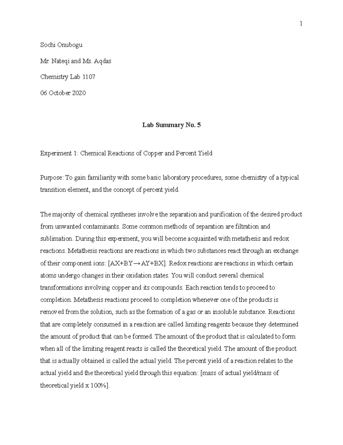 Lab Summary 5 - Chem 1107 - 1 Sochi Onubogu Mr. Nateqi and Ms. Aqdas ...