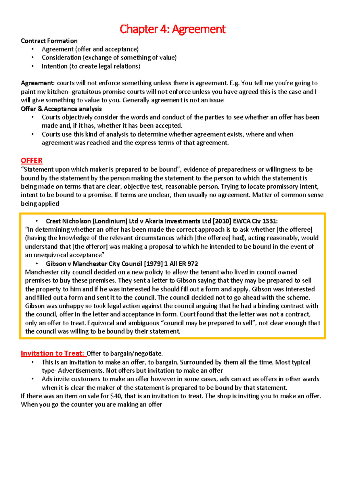 Contracts full notes distinction result - Chapter 4: Agreement Contract ...