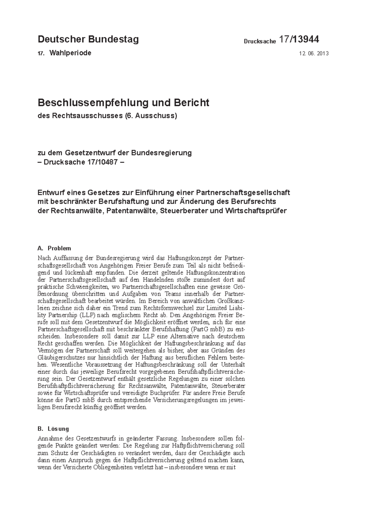 Beschlussempfehlung Partnerschaftsgesellschaft - Deutscher Bundestag ...