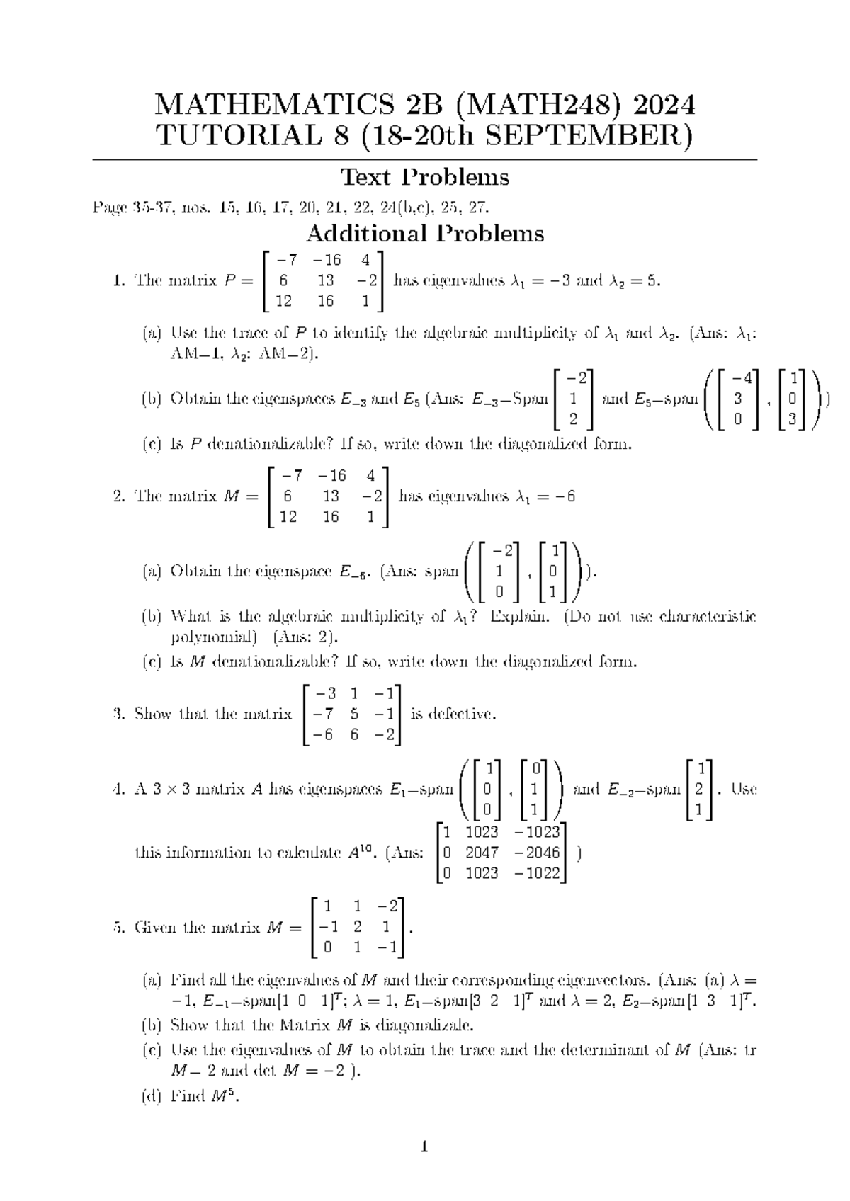 Tutorial 8 - tut - MATHEMATICS 2B (MATH248) 2024 TUTORIAL 8 (18-20th ...