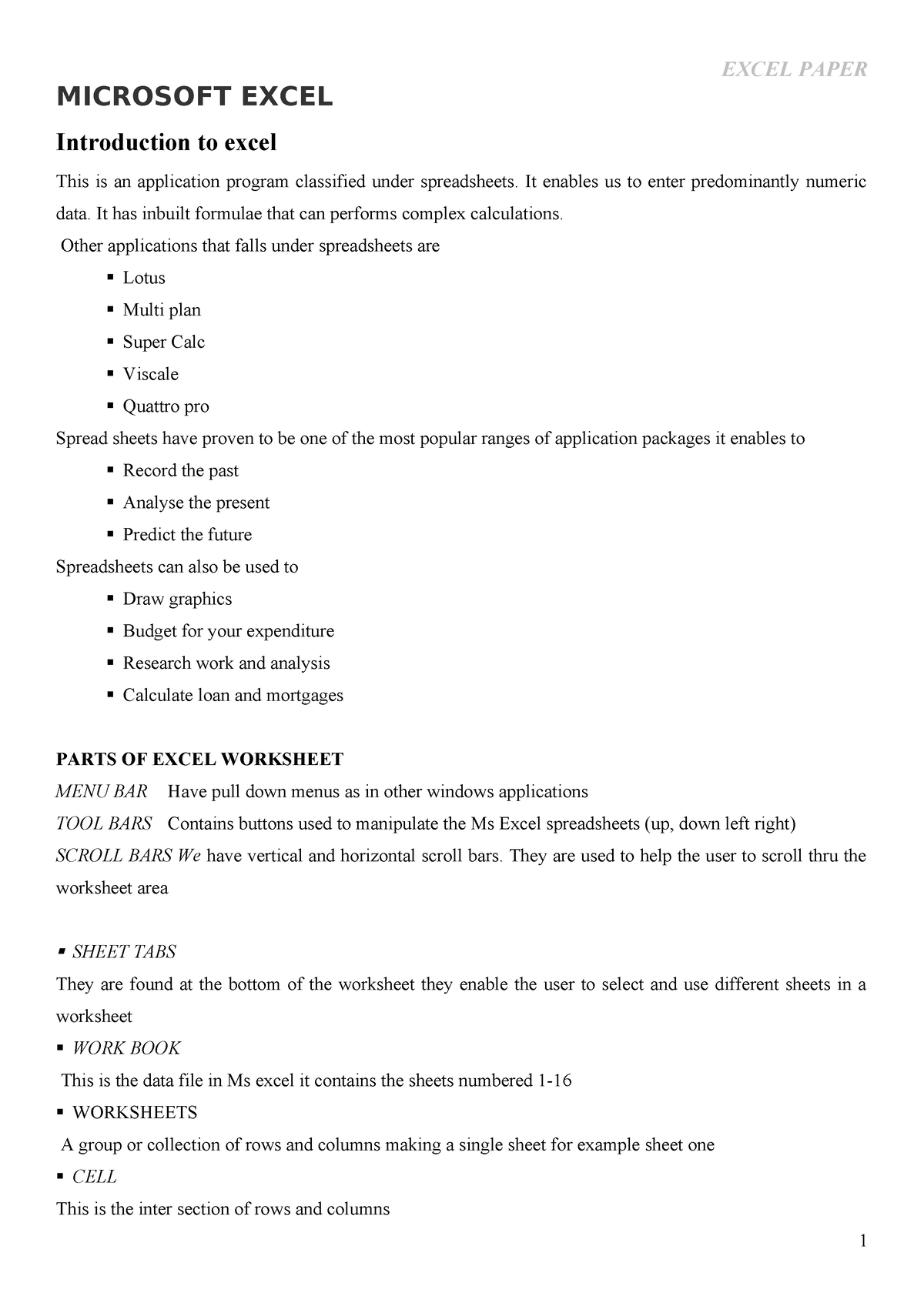 excel introduction - MICROSOFT EXCEL Introduction to excel This is an ...