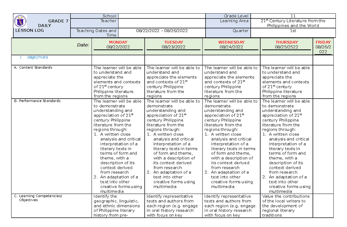 1st week - LESSON - GRADE 7 DAILY LESSON LOG School Grade Level 11 ...