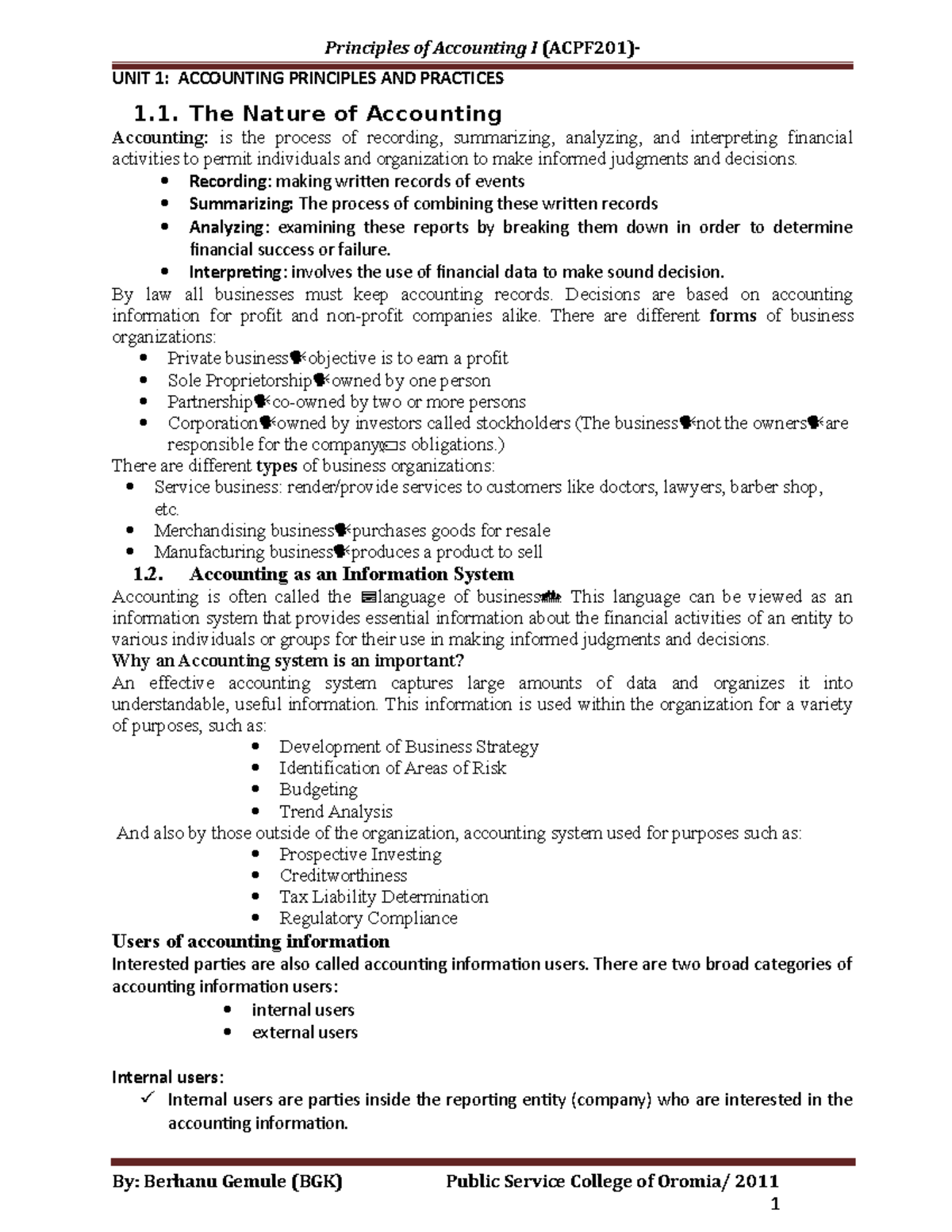 F.A1 all modules Accounting Principles of Accounting I (ACPF201