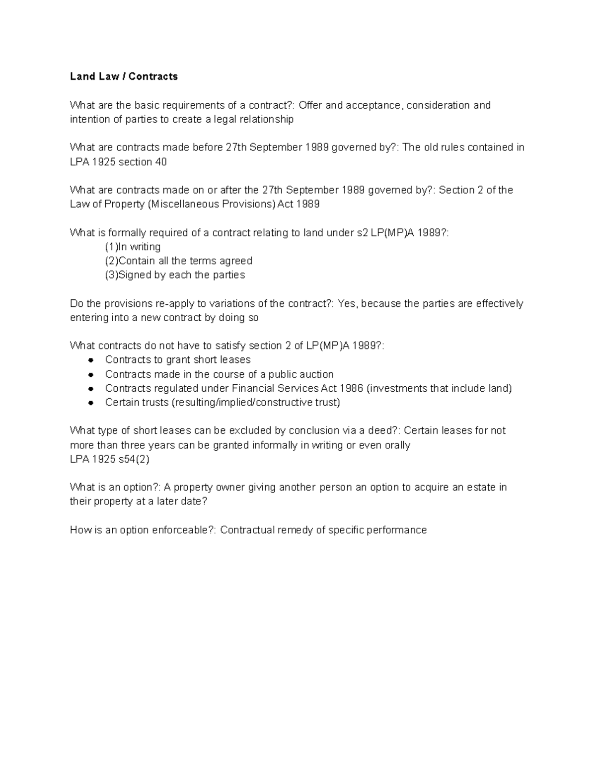 Land Law Contracts Land Law / Contracts What are the basic