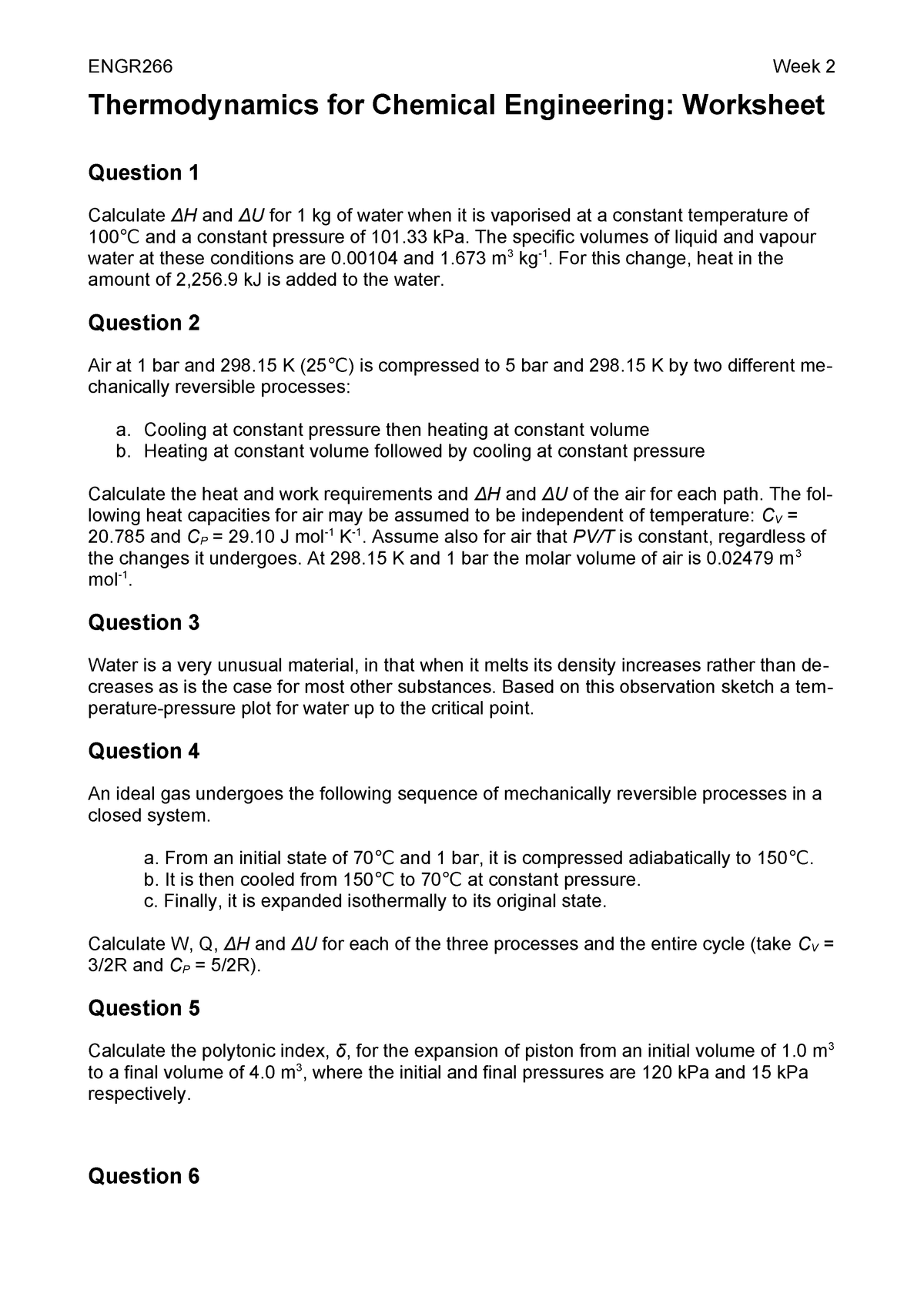 Week 2 Worksheet Thermodynamics 1 Eg 161 Engr266 Week Thermodynamics For Studocu