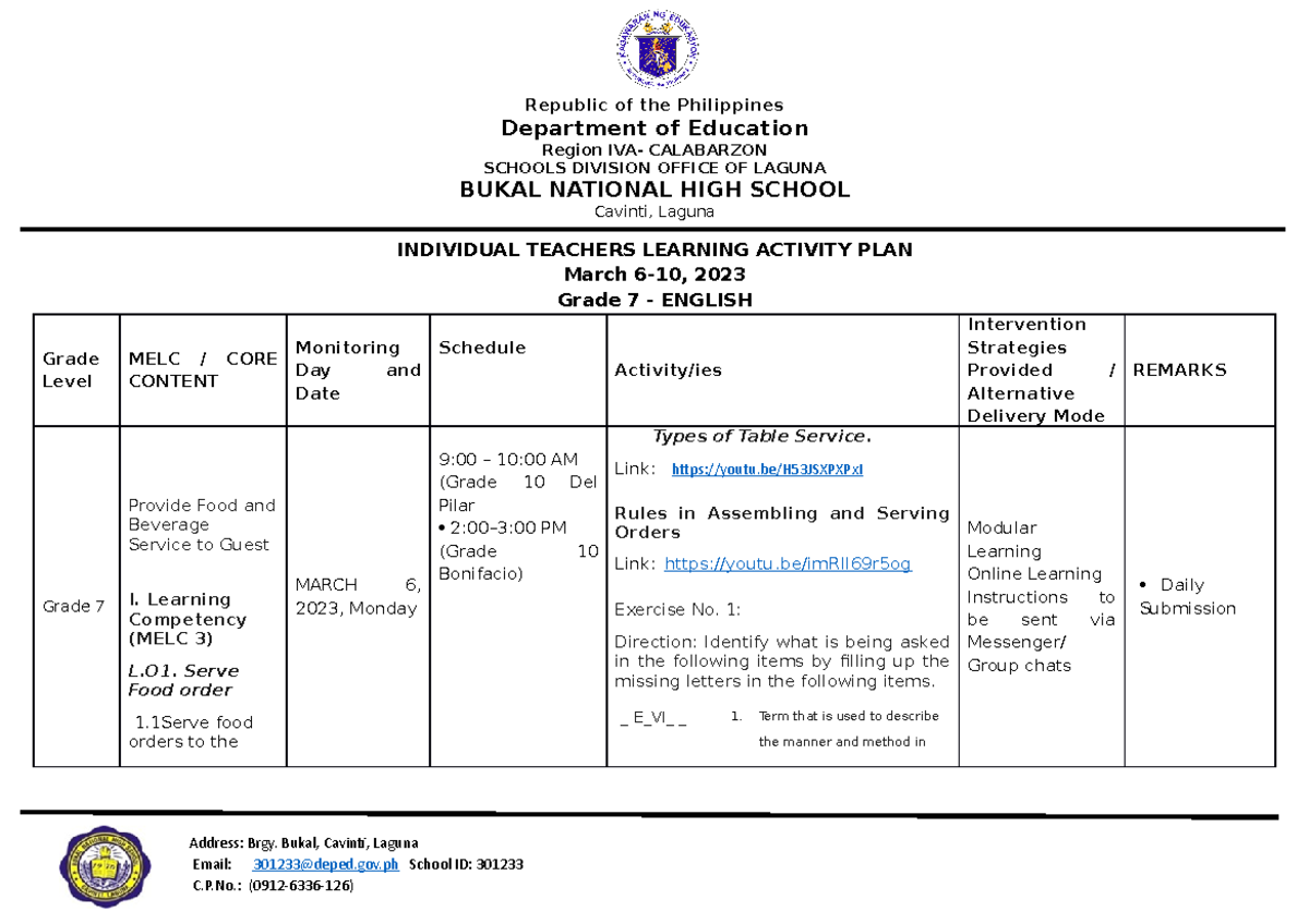 TLE 10 March-6-10-2023 Sample Individual- Teachers- Learning- Activity ...