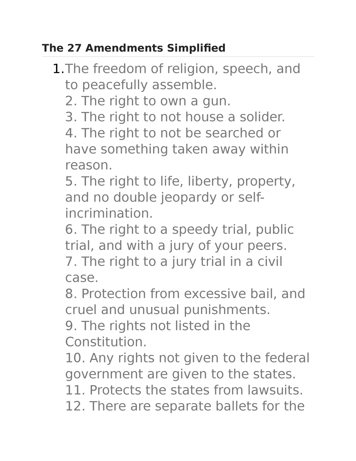 Amendments Simplified With Examples The 27 Amendments Simplified 1 Freedom Of Religion Speech