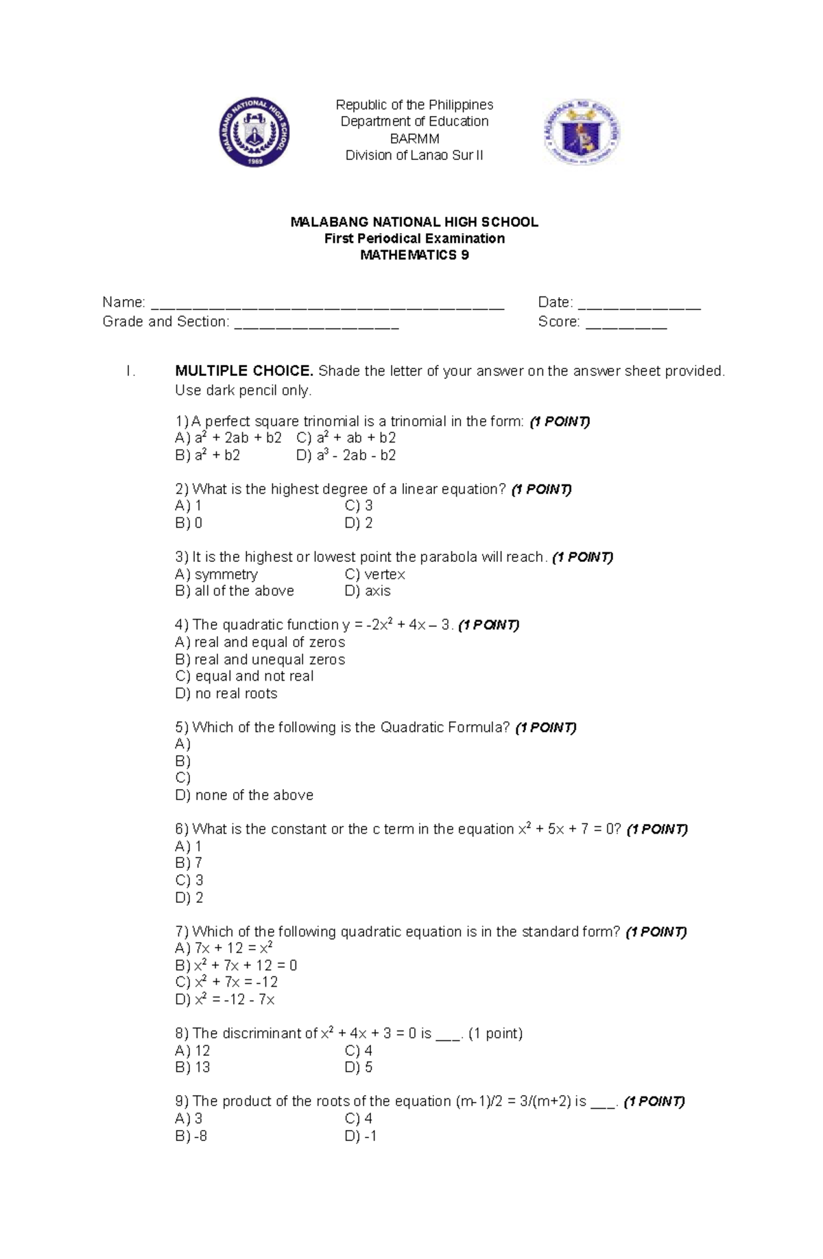 PT Grade 9 Questionnaire Principles and Strategies in Teaching