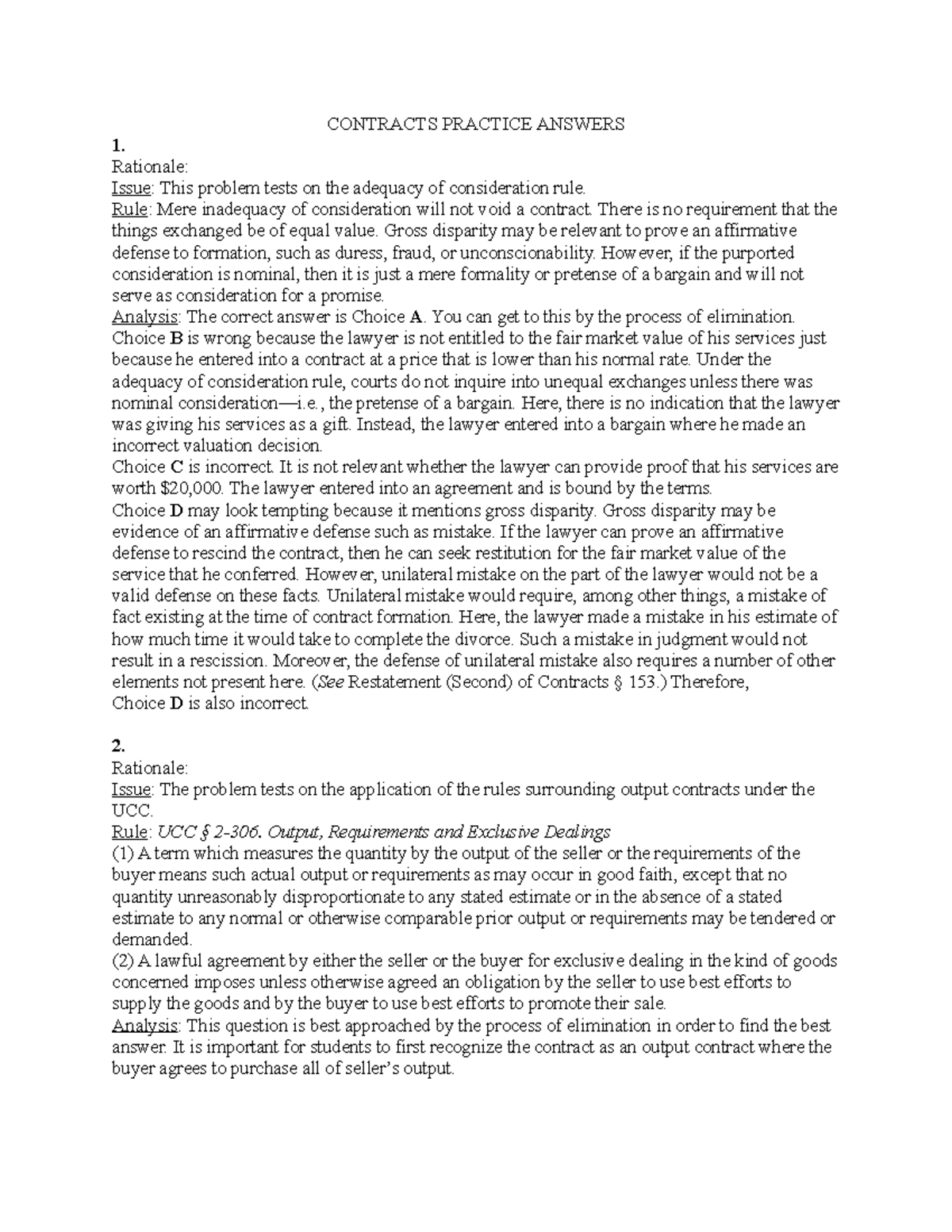 Contracts Practice Answers - CONTRACTS PRACTICE ANSWERS 1. Rationale ...