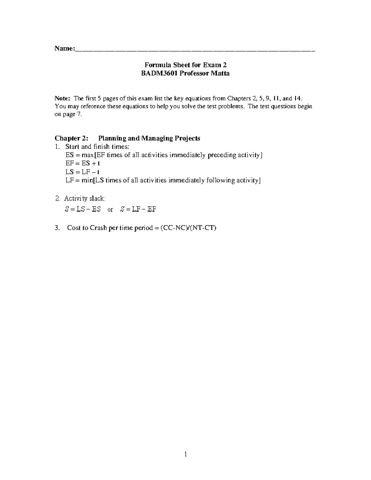 Exam2-2023-formulae - Formula Sheet - - Studocu