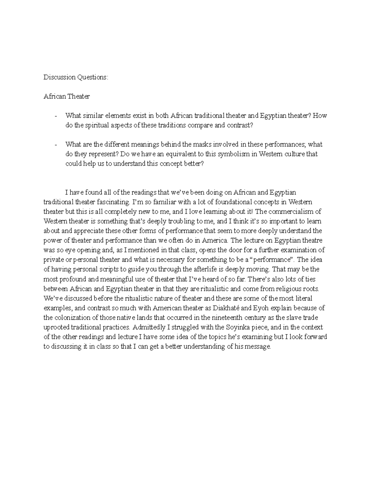 FWT African Theater Journal Discussion Questions African Theater