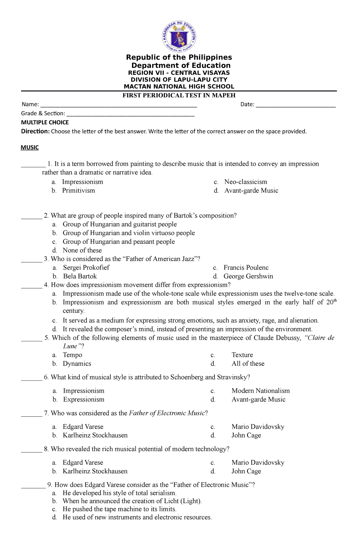 1st Periodical Test In Mapeh 10 2022 2023 Republic Of The Philippines Department Of Education 