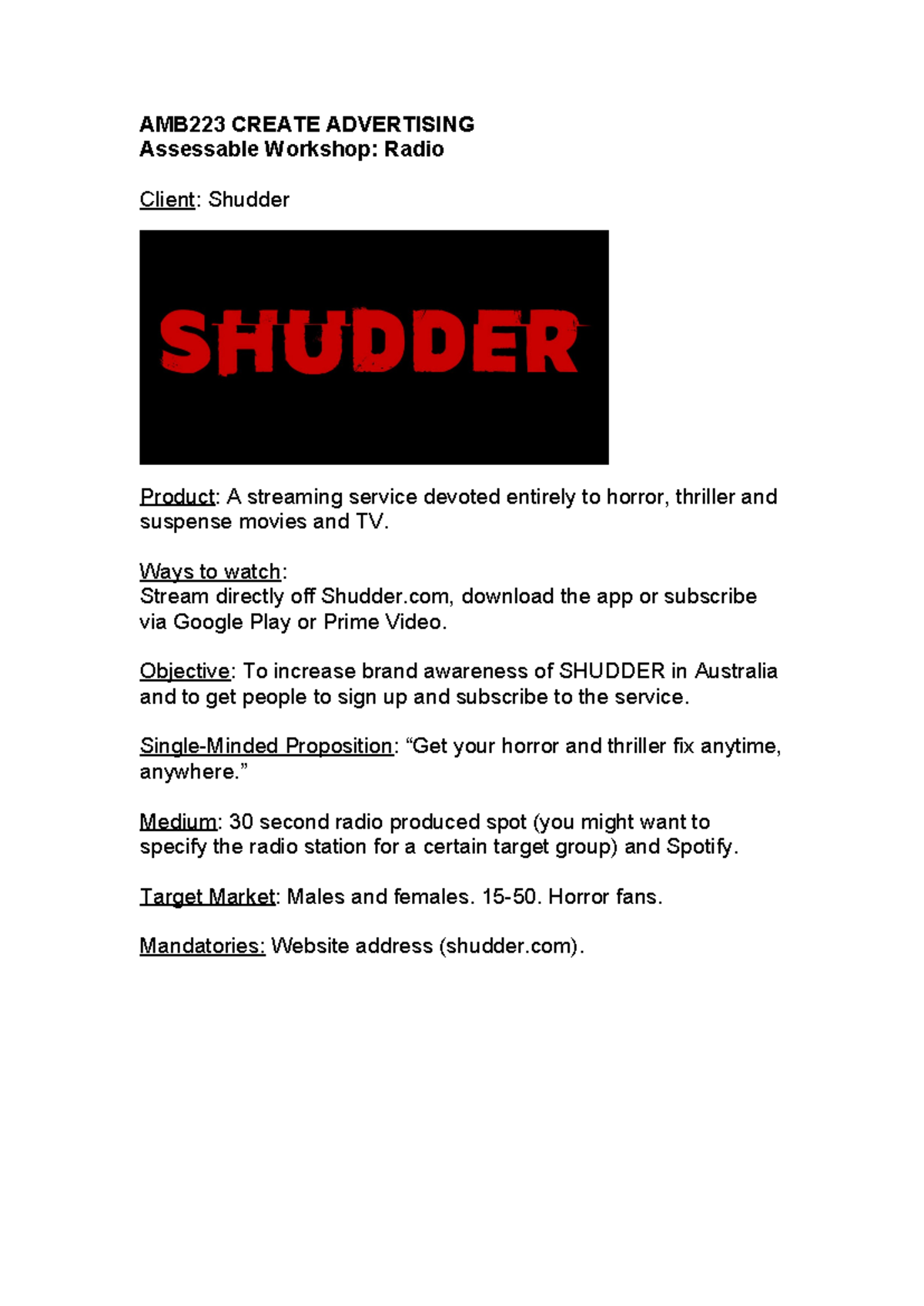 AMB223 Radio Brief Shudder - AMB223 CREATE ADVERTISING Assessable ...
