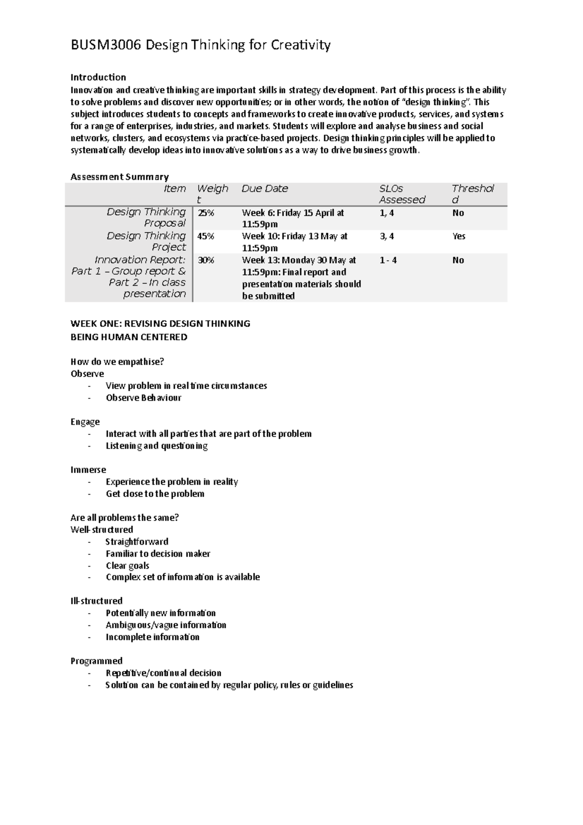 Design Thinking for Creativity Notes - BUSM3006 Design Thinking for ...