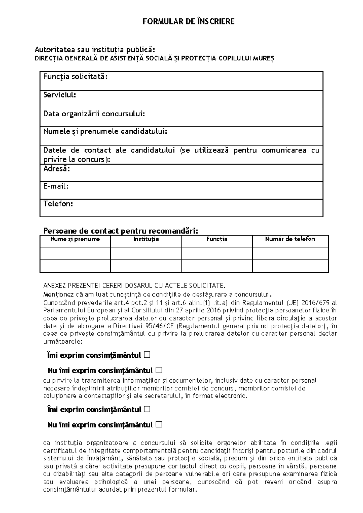 Formular DE Înscriere - FORMULAR DE ÎNSCRIERE Autoritatea sau ...