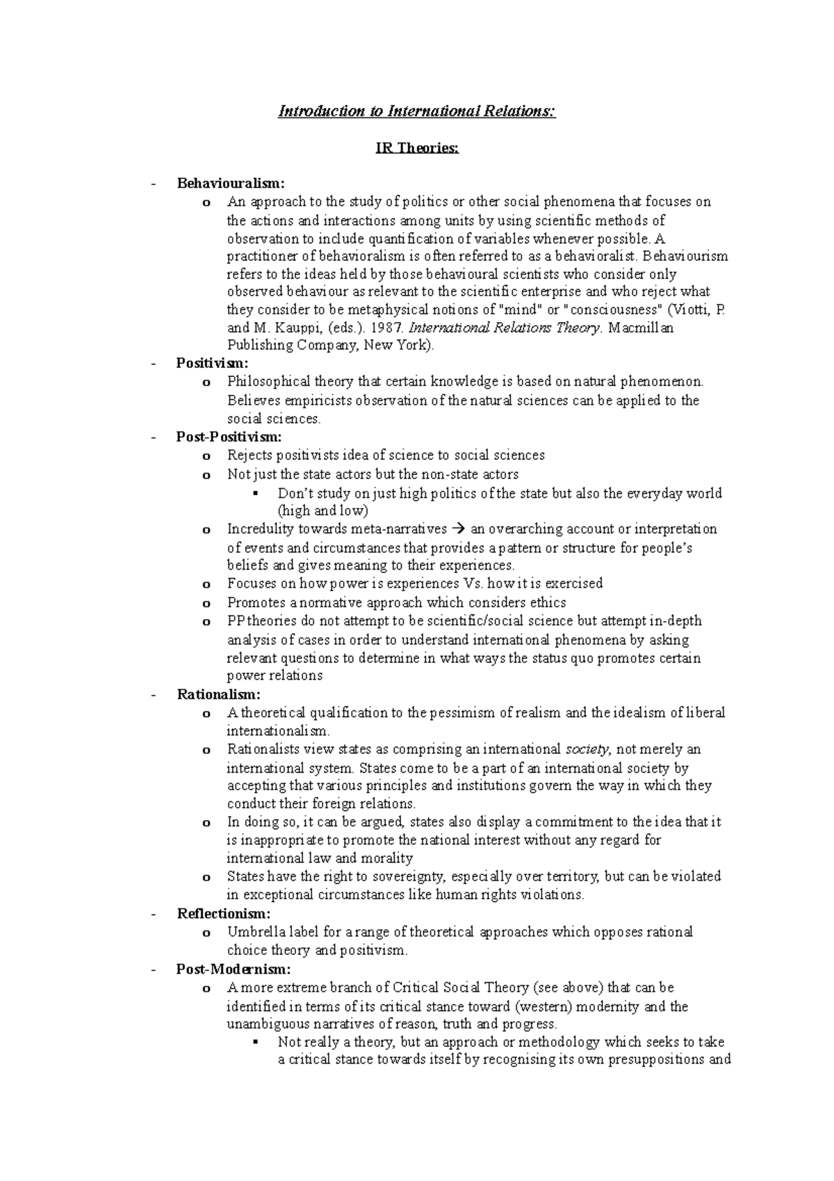 Final Notes - Introduction to International Relations: IR Theories ...
