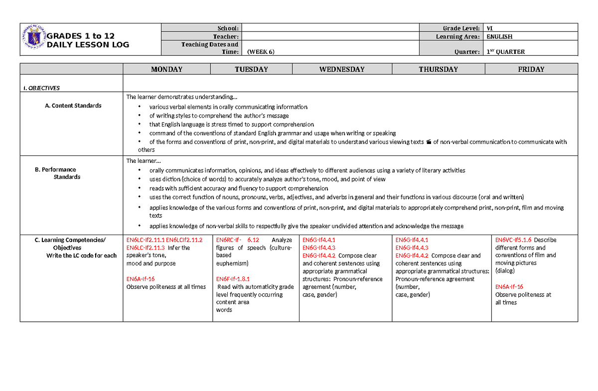 English DLL - GRADES 1 to 12 DAILY LESSON LOG School: Grade Level: VI ...