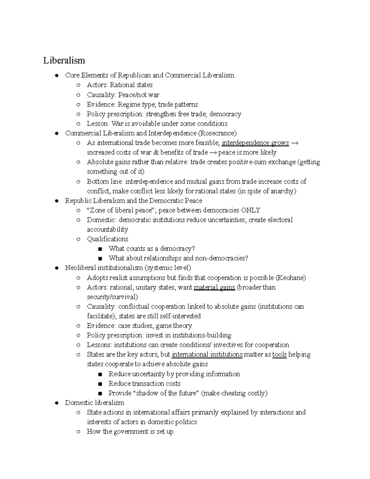 Study Guide IR Liberalism - Liberalism Core Elements of Republican and ...