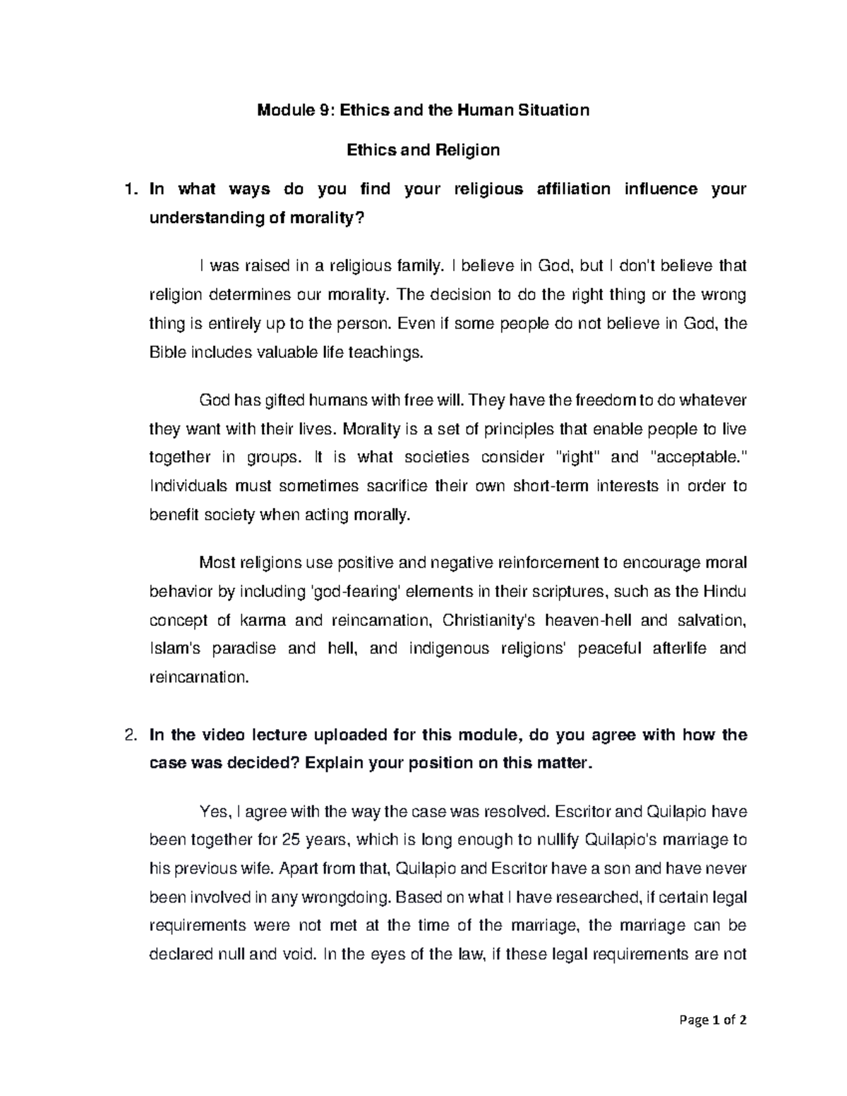 Ethics and Religion Philo 23-EF2 Orozco - Page 1 of 2 Module 9: Ethics ...