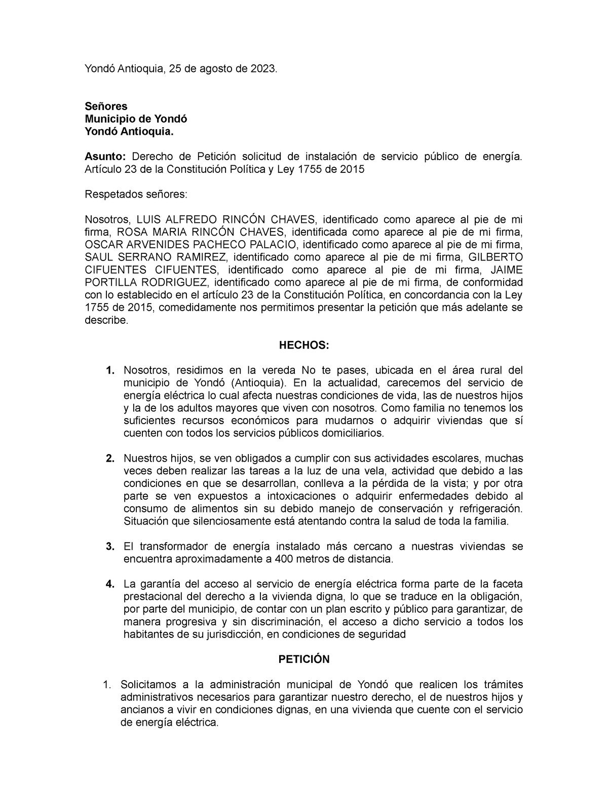 Derecho DE Peticion Servicio DE Energia - Yondó Antioquia, 25 de agosto ...