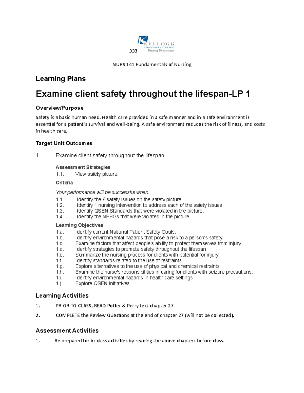 LP and PAT 1Safety LP 1 333 NURS 141 Fundamentals of Nursing