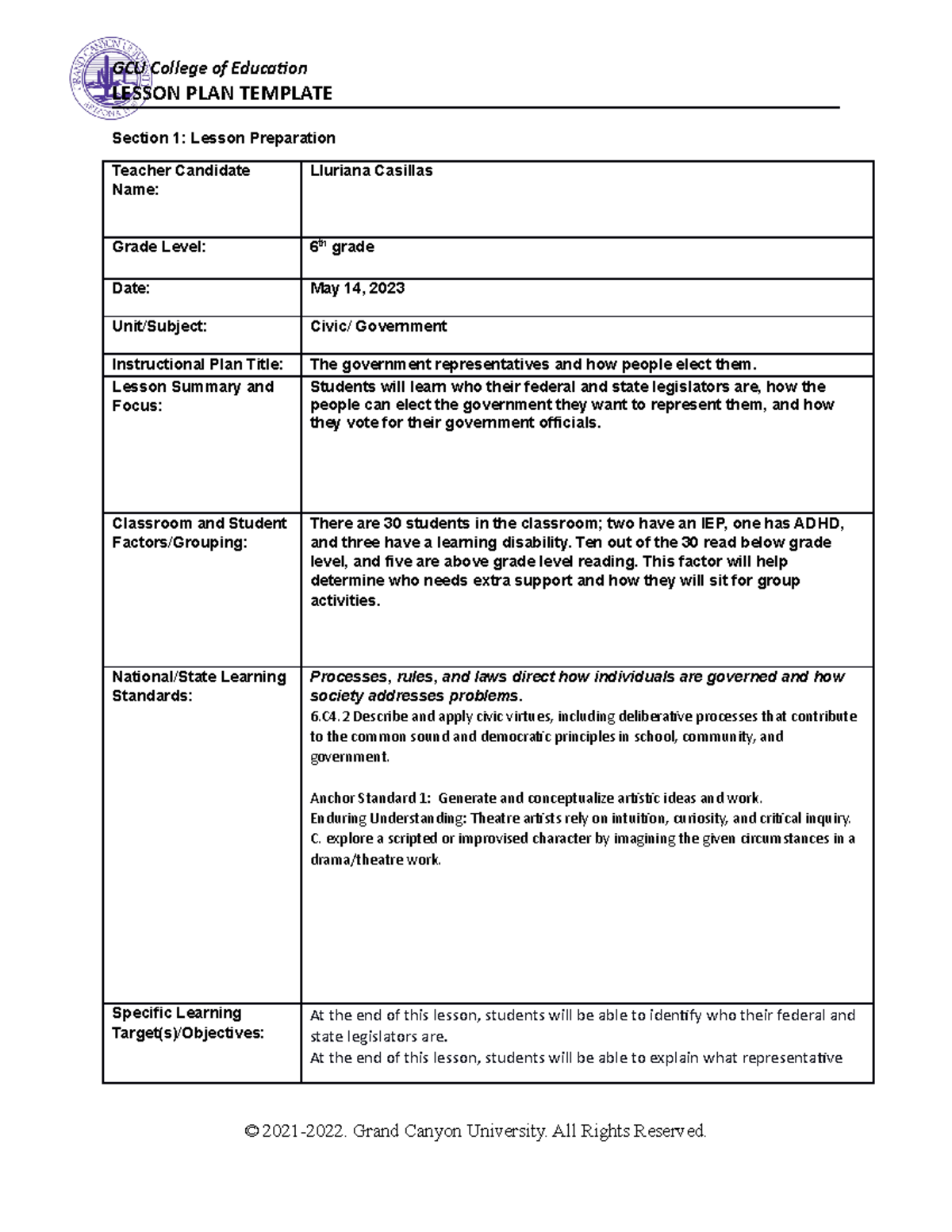 Civics Government Lesson Plan - LESSON PLAN TEMPLATE Section 1: Lesson ...