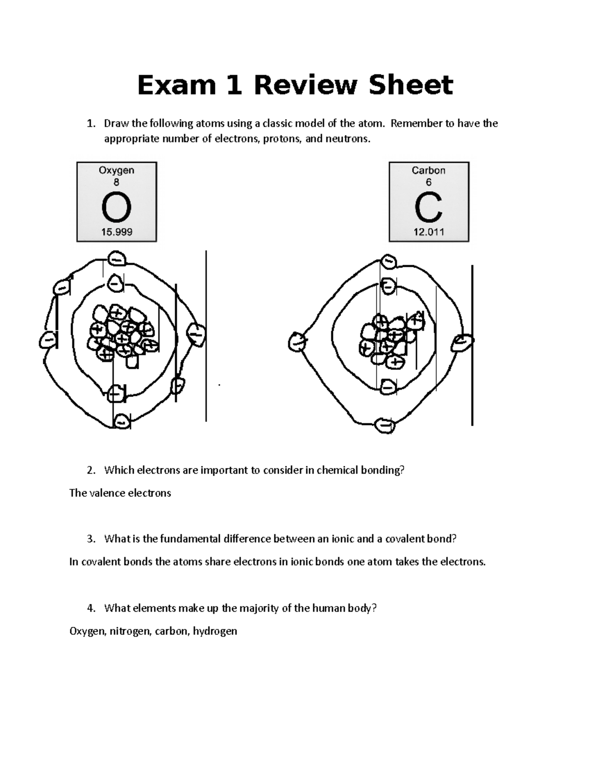 Exam 1 Review Sheet - Exam 1 Review Sheet Draw the following atoms ...