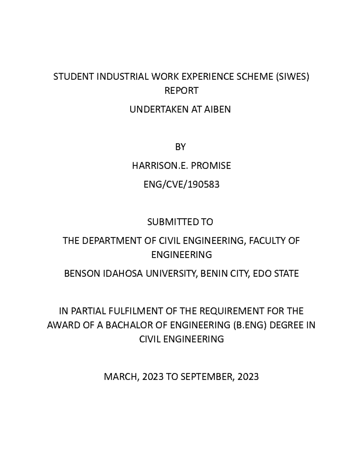 Student Industrial WORK Experience Scheme STUDENT INDUSTRIAL WORK