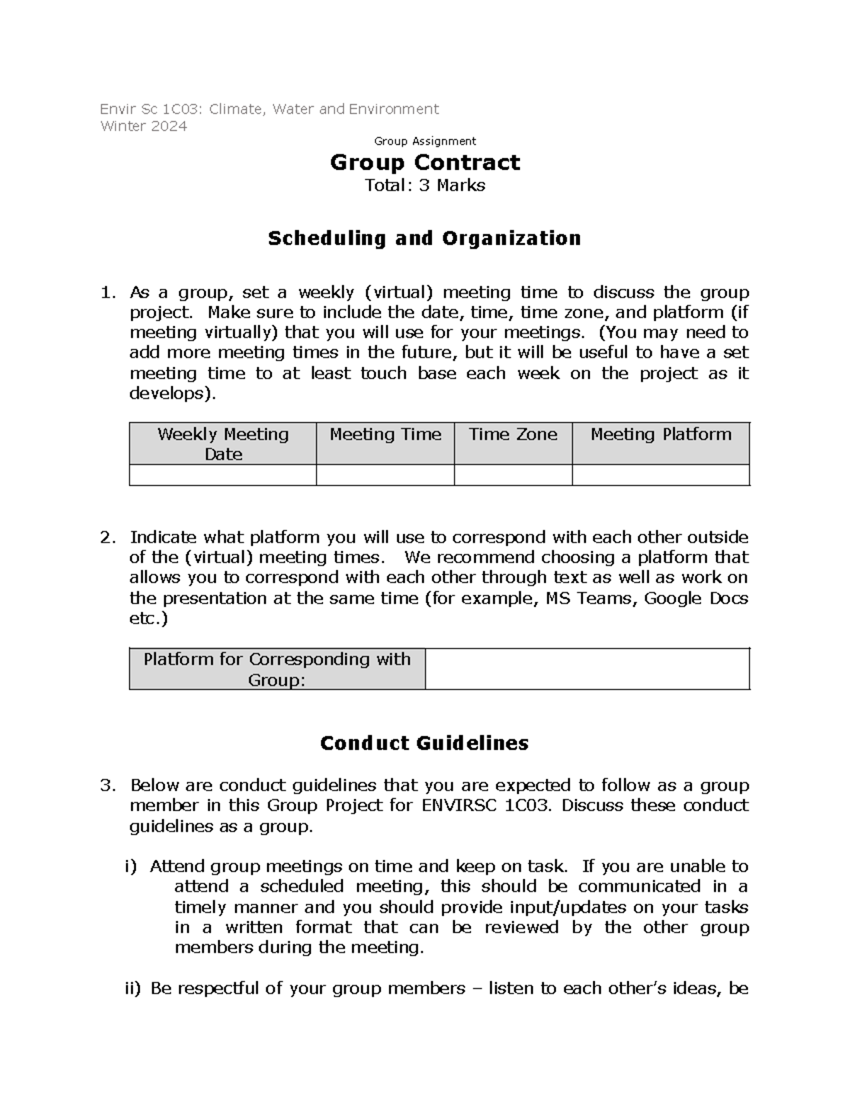 ES 1C03 -Winter 2024 - Group Contract v1 - Envir Sc 1C03: Climate ...