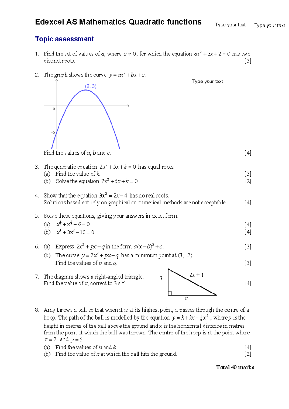 AS Quadratics assessment - Edexcel AS Mathematics Quadratic functions 1 ...